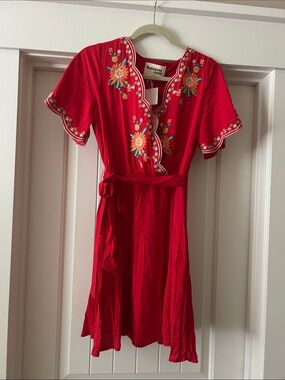 Savanna Jane Red Floral Embroidered Wrap Dress